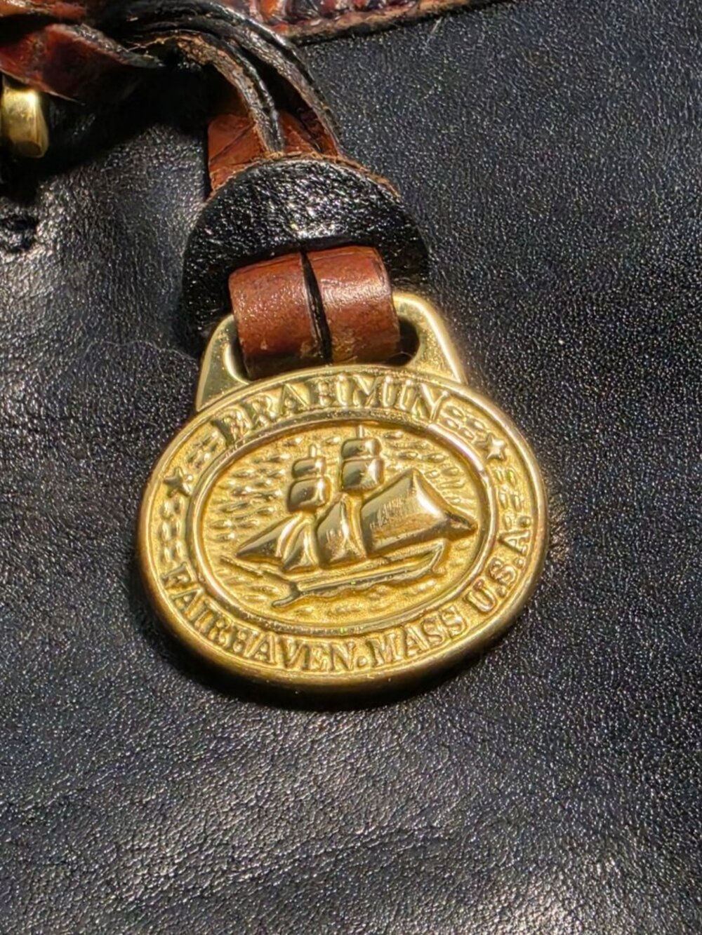 Vintage Brahmin 1992 Black Leather Brown Croc Embossed Satchel Crossbody Bag - Picture 5 of 12
